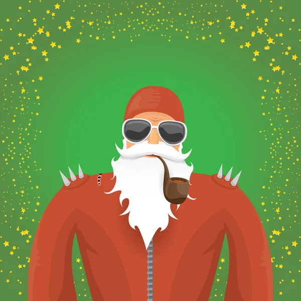 ベクトル Dj ロックン ロール サンタ クロース星と緑のクリスマスの正方形背景に分離されたファンキーなサンタ帽子、サンタひげ禁煙パイプ。クリスマス ヒップスター党ポスター、バナーまたはカード. — ストックベクタ