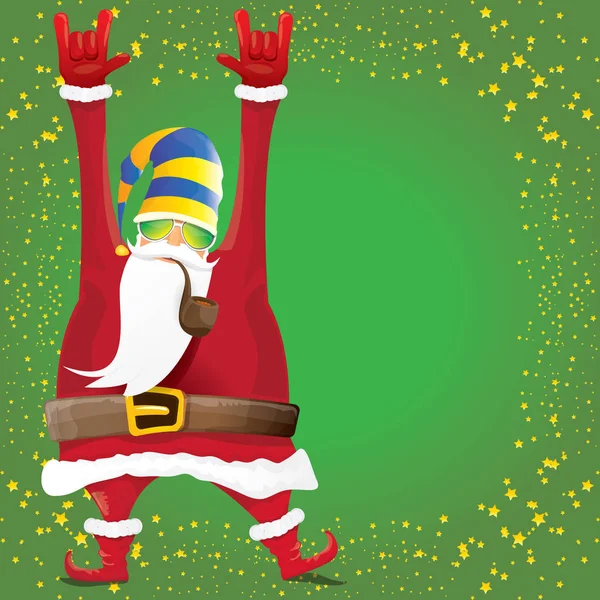 Vektor DJ rock n roll santa claus med rygerør, santa skæg og funky santa hat isoleret på grøn jul firkantet baggrund med stjerner. Jul hipster fest plakat, banner eller kort . – Stock-vektor