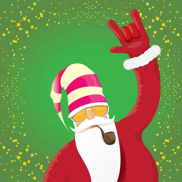 向量 dj 摇滚圣诞老人与抽烟的管子, 圣诞老人胡子和时髦的圣诞老人帽子隔绝在绿色圣诞节广场背景与星。圣诞嬉皮士派对海报, 横幅或卡片. — 图库矢量图片