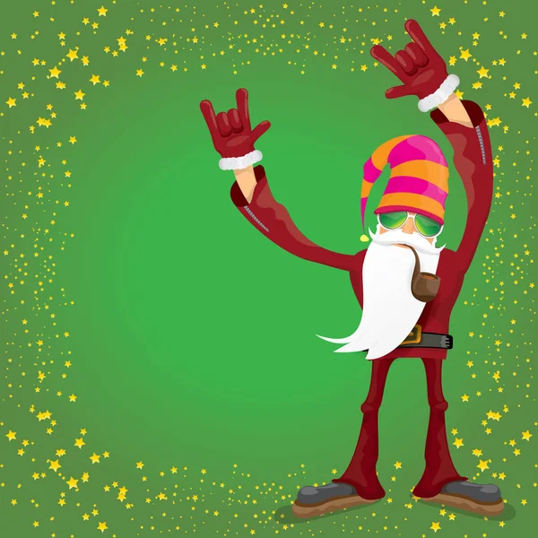 Vecteur DJ rock n roll santa claus avec pipe fumante, barbe de santa et chapeau de santa funky isolé sur fond carré vert de Noël avec des étoiles. Affiche, bannière ou carte de Noël hipster party . — Image vectorielle