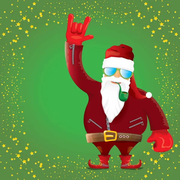 Vektor DJ rock n roll santa claus med rygerør, santa skæg og funky santa hat isoleret på grøn jul firkantet baggrund med stjerner. Jul hipster fest plakat, banner eller kort . – Stock-vektor