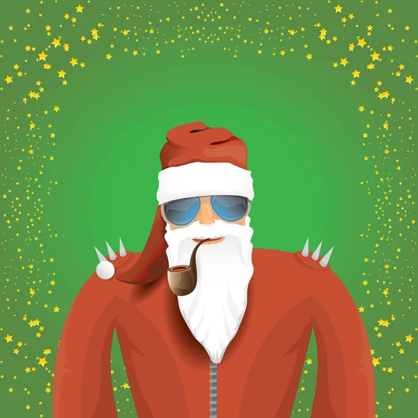 Vettore DJ rock n roll Babbo Natale con pipa fumante, barba di Babbo Natale e funky cappello di Babbo Natale isolato su sfondo verde piazza di Natale con stelle. Manifesto, banner o cartolina natalizia per feste hipster . — Vettoriale Stock