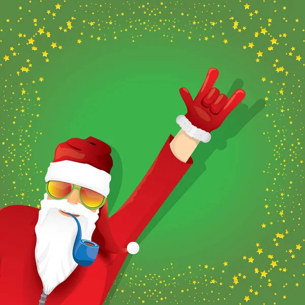 Vector DJ rock n roll santa claus com cachimbo de fumo, barba de santa e chapéu de santa funky isolado em fundo quadrado de natal verde com estrelas. Natal hipster festa cartaz, banner ou cartão . — Vetor de Stock