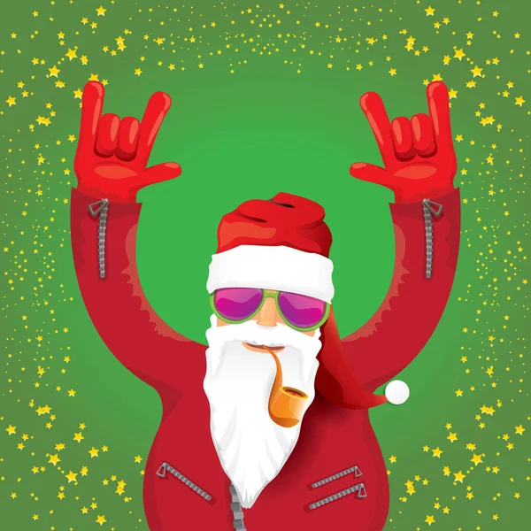 ベクトル Dj ロックン ロール サンタ クロース星と緑のクリスマスの正方形背景に分離されたファンキーなサンタ帽子、サンタひげ禁煙パイプ。クリスマス ヒップスター党ポスター、バナーまたはカード. — ストックベクタ