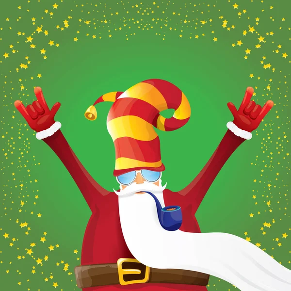 Vecteur DJ rock n roll santa claus avec pipe fumante, barbe de santa et chapeau de santa funky isolé sur fond carré vert de Noël avec des étoiles. Affiche, bannière ou carte de Noël hipster party . — Image vectorielle