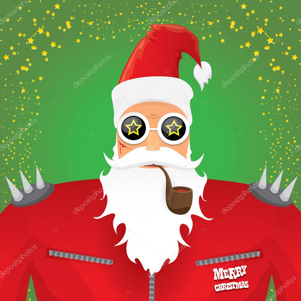 vector DJ rock n roll santa claus with smoking pipe, santa beard and funky santa hat isolated on green christmas square background with stars. Christmas hipster party poster, banner or card.