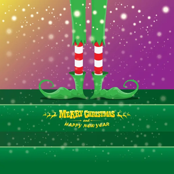 Vector creative merry christmas greeting card with cartoon elfs legs, elf shoes and christmas stripped stocking on falling snow in sky. Vector merry christmas background — Stock Vector
