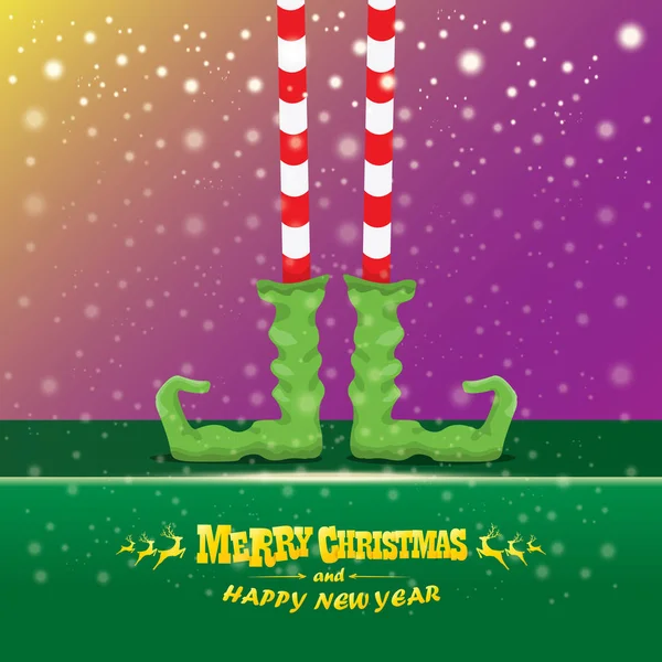 Vector creativo feliz tarjeta de felicitación de Navidad con las piernas de los elfos de dibujos animados, zapatos de elfo y la Navidad despojado media caída de nieve en el cielo. Vector feliz fondo de Navidad — Vector de stock