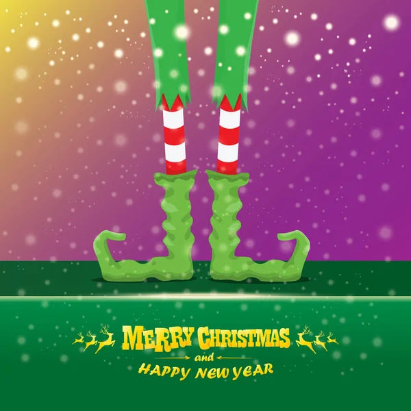 Vector creativo feliz tarjeta de felicitación de Navidad con las piernas de los elfos de dibujos animados, zapatos de elfo y la Navidad despojado media caída de nieve en el cielo. Vector feliz fondo de Navidad — Vector de stock