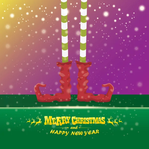 Vetor criativo alegre natal cartão de saudação com desenhos animados pernas elfos, sapatos de elfo e Natal meia despojado em queda de neve no céu. Vetor feliz fundo de Natal —  Vetores de Stock