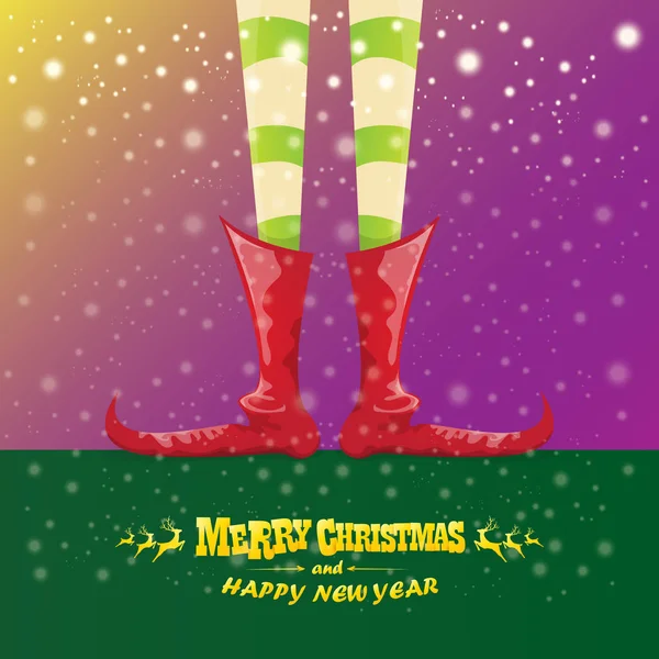 Vector creativo feliz tarjeta de felicitación de Navidad con las piernas de los elfos de dibujos animados, zapatos de elfo y la Navidad despojado media caída de nieve en el cielo. Vector feliz fondo de Navidad — Vector de stock