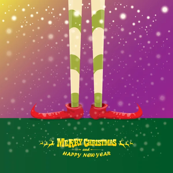 Vector creativo feliz tarjeta de felicitación de Navidad con las piernas de los elfos de dibujos animados, zapatos de elfo y la Navidad despojado media caída de nieve en el cielo. Vector feliz fondo de Navidad — Vector de stock