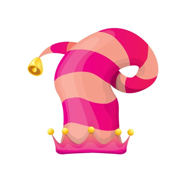 Vector funky roze gestripte cartoon KERSTMUTS elf geïsoleerd op een witte achtergrond. vector kinderen kleurrijke elf hoed pictogram of label. Kerst decoratieve ontwerpelement voor spandoek of poster — Stockvector