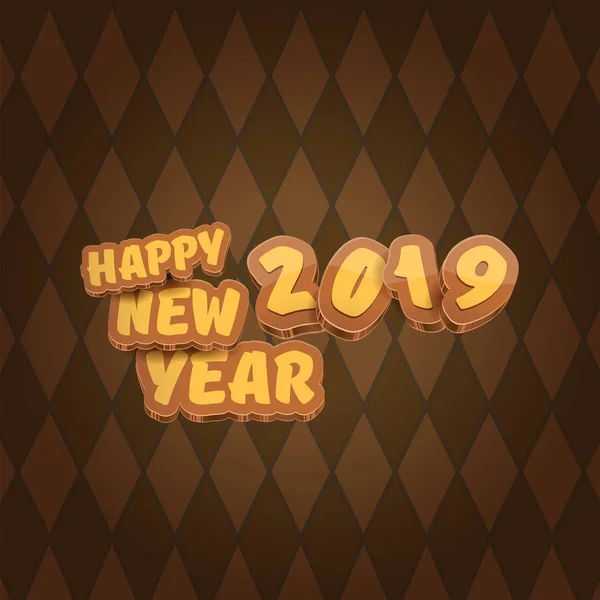 2019 Feliz año nuevo fondo de diseño creativo o tarjeta de felicitación con números coloridos y texto de saludo. Feliz año nuevo etiqueta o icono aislado en tweed cuadros verificación patrón textura fondo — Vector de stock