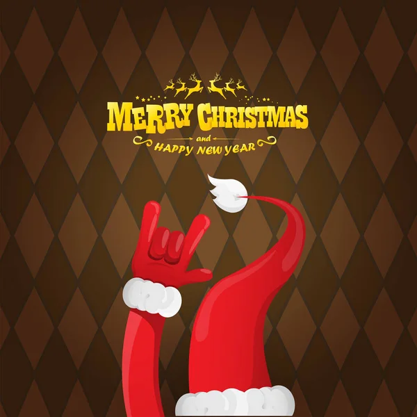 Vector de dibujos animados rock n roll Santa Claus personaje con texto de saludo caligráfico de oro sobre fondo de cuadros marrones. Feliz Navidad Rock n roll diseño de póster de fiesta o tarjeta de felicitación . — Vector de stock