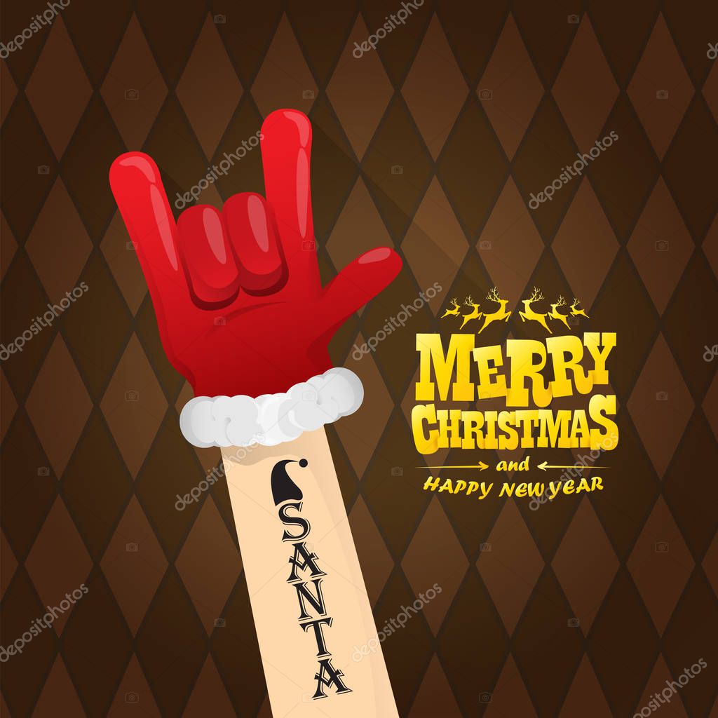 Vector cartoon rock n roll Santa Claus character with calligraphic greeting text on brown plaid background. Merry Christmas Rock n roll party poster design or greeting card.