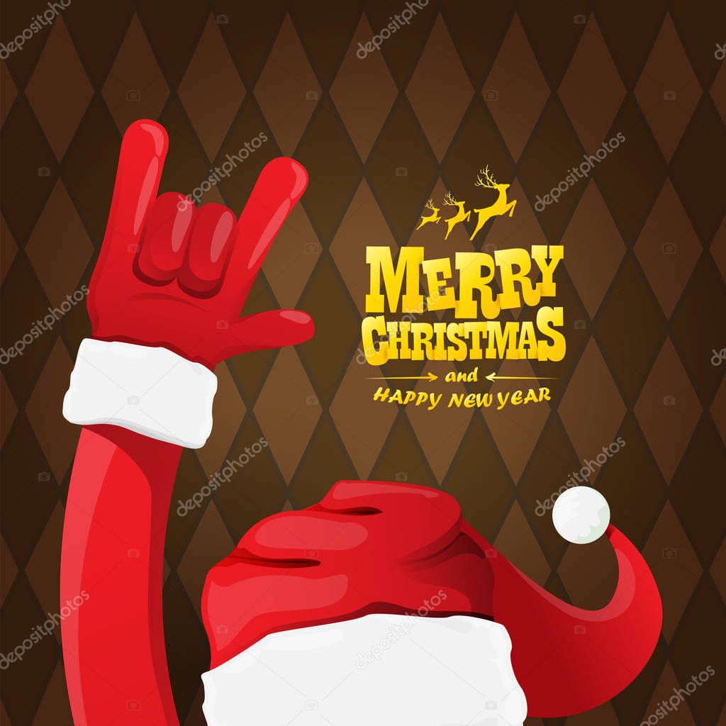 Vector cartoon rock n roll Santa Claus character with calligraphic greeting text on brown plaid background. Merry Christmas Rock n roll party poster design or greeting card.