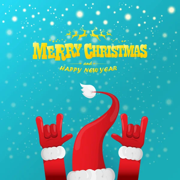 Vector de dibujos animados rock n roll Santa Claus personaje con texto de saludo caligráfico de oro sobre fondo azul con copos de nieve. Violeta Feliz Navidad Rock n roll diseño de póster de fiesta o tarjeta de felicitación . — Vector de stock