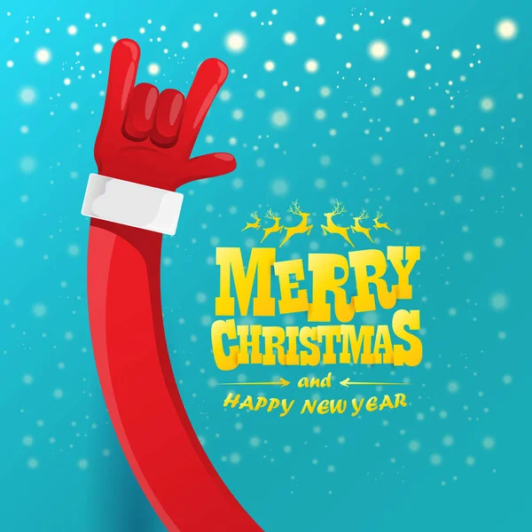 Vector de dibujos animados rock n roll Santa Claus personaje con texto de saludo caligráfico de oro sobre fondo azul con copos de nieve. Violeta Feliz Navidad Rock n roll diseño de póster de fiesta o tarjeta de felicitación . — Vector de stock