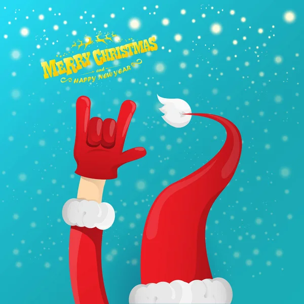 Vektor Cartoon Rock n Roll Weihnachtsmann-Figur mit goldenem kalligraphischen Grußtext auf azurblauem Hintergrund mit Schneeflocken. violette frohe Weihnachten Rock n Roll Party Poster-Design oder Grußkarte. — Stockvektor