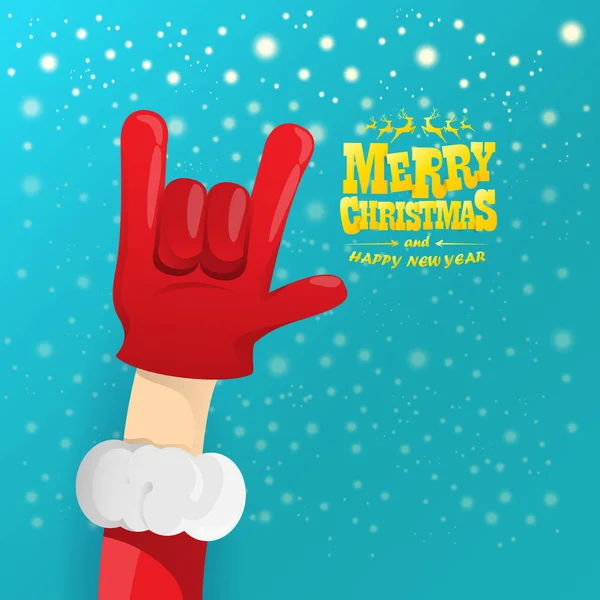 Vector de dibujos animados rock n roll Santa Claus personaje con texto de saludo caligráfico de oro sobre fondo azul con copos de nieve. Violeta Feliz Navidad Rock n roll diseño de póster de fiesta o tarjeta de felicitación . — Vector de stock