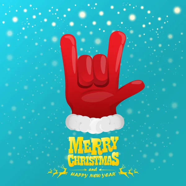 Vector de dibujos animados rock n roll Santa Claus personaje con texto de saludo caligráfico de oro sobre fondo azul con copos de nieve. Violeta Feliz Navidad Rock n roll diseño de póster de fiesta o tarjeta de felicitación . — Vector de stock