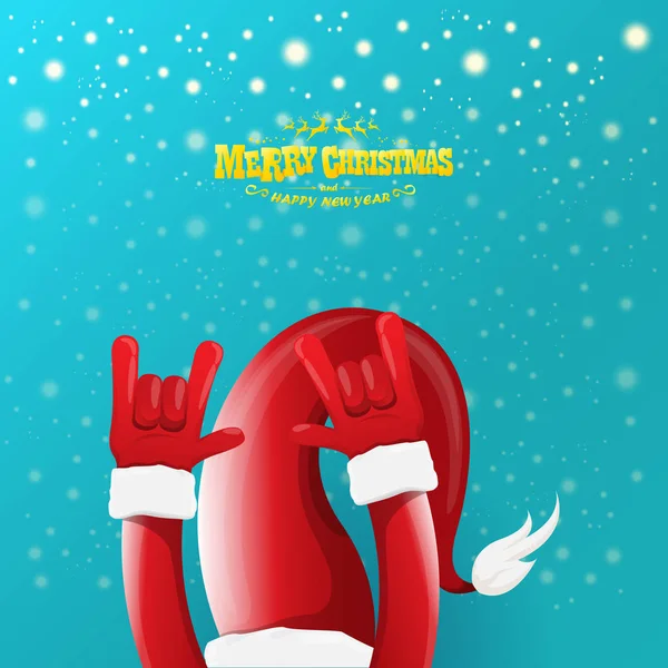 Vector cartoon rock n roll personagem Papai Noel com caligrafia dourada saudação texto sobre fundo azul com flocos de neve. Violet Feliz Natal Rock n roll festa cartaz design ou cartão de saudação . — Vetor de Stock