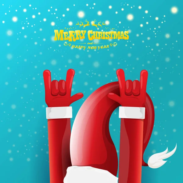 Vector de dibujos animados rock n roll Santa Claus personaje con texto de saludo caligráfico de oro sobre fondo azul con copos de nieve. Violeta Feliz Navidad Rock n roll diseño de póster de fiesta o tarjeta de felicitación . — Vector de stock