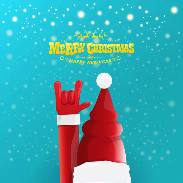 Vector cartoon rock n roll Santa Claus character with gold calligraphic greeting text on azure background with snowflakes. Violet Merry Christmas Rock n roll party poster design or greeting card. — Stock Vector