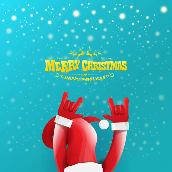 Vector de dibujos animados rock n roll Santa Claus personaje con texto de saludo caligráfico de oro sobre fondo azul con copos de nieve. Violeta Feliz Navidad Rock n roll diseño de póster de fiesta o tarjeta de felicitación . — Vector de stock