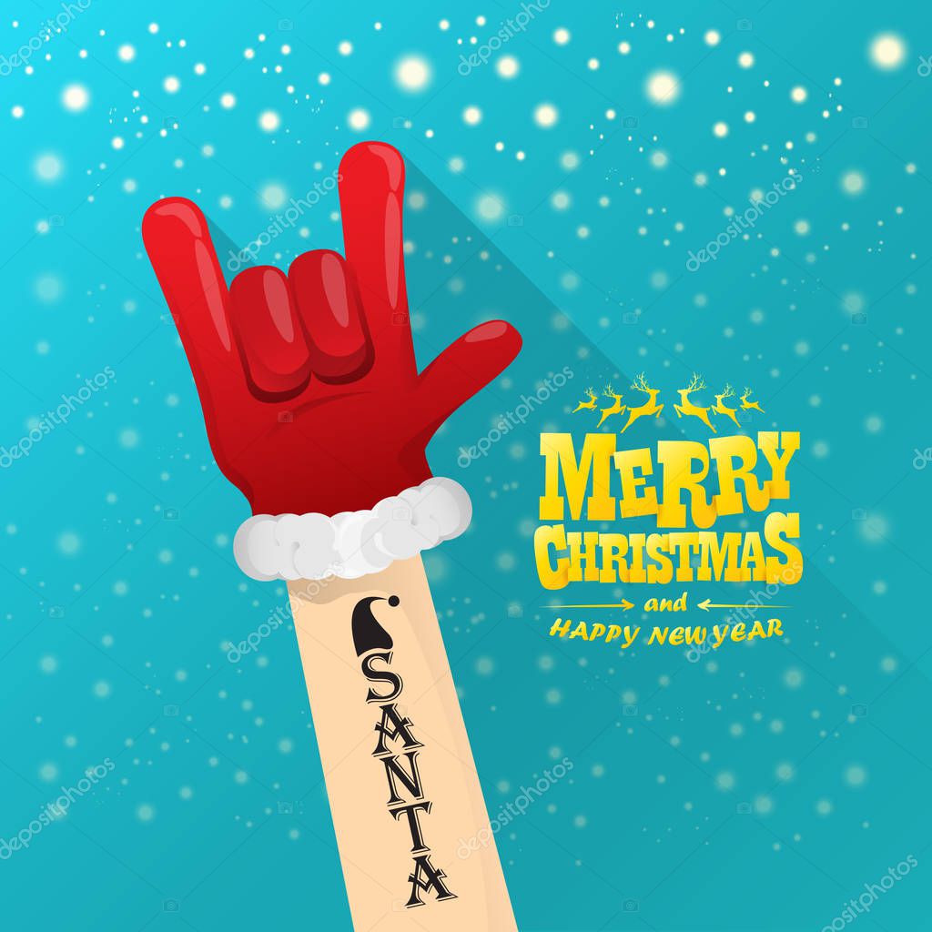 Vector cartoon rock n roll Santa character with gold calligraphic greeting text on azure background with snowflakes. Violet Merry Christmas Rock n roll party poster design or greeting card.
