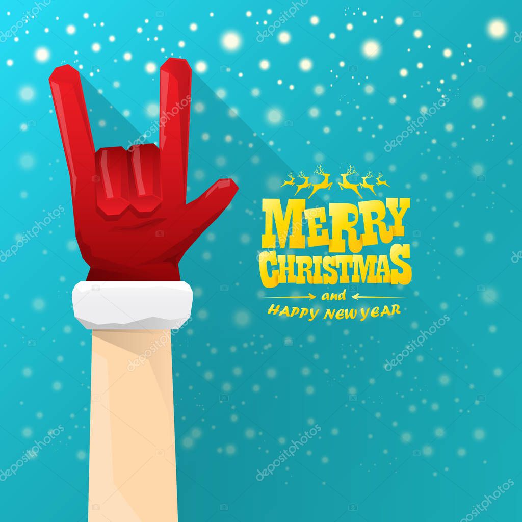 Vector cartoon rock n roll Santa character with gold calligraphic greeting text on azure background with snowflakes. Violet Merry Christmas Rock n roll party poster design or greeting card.