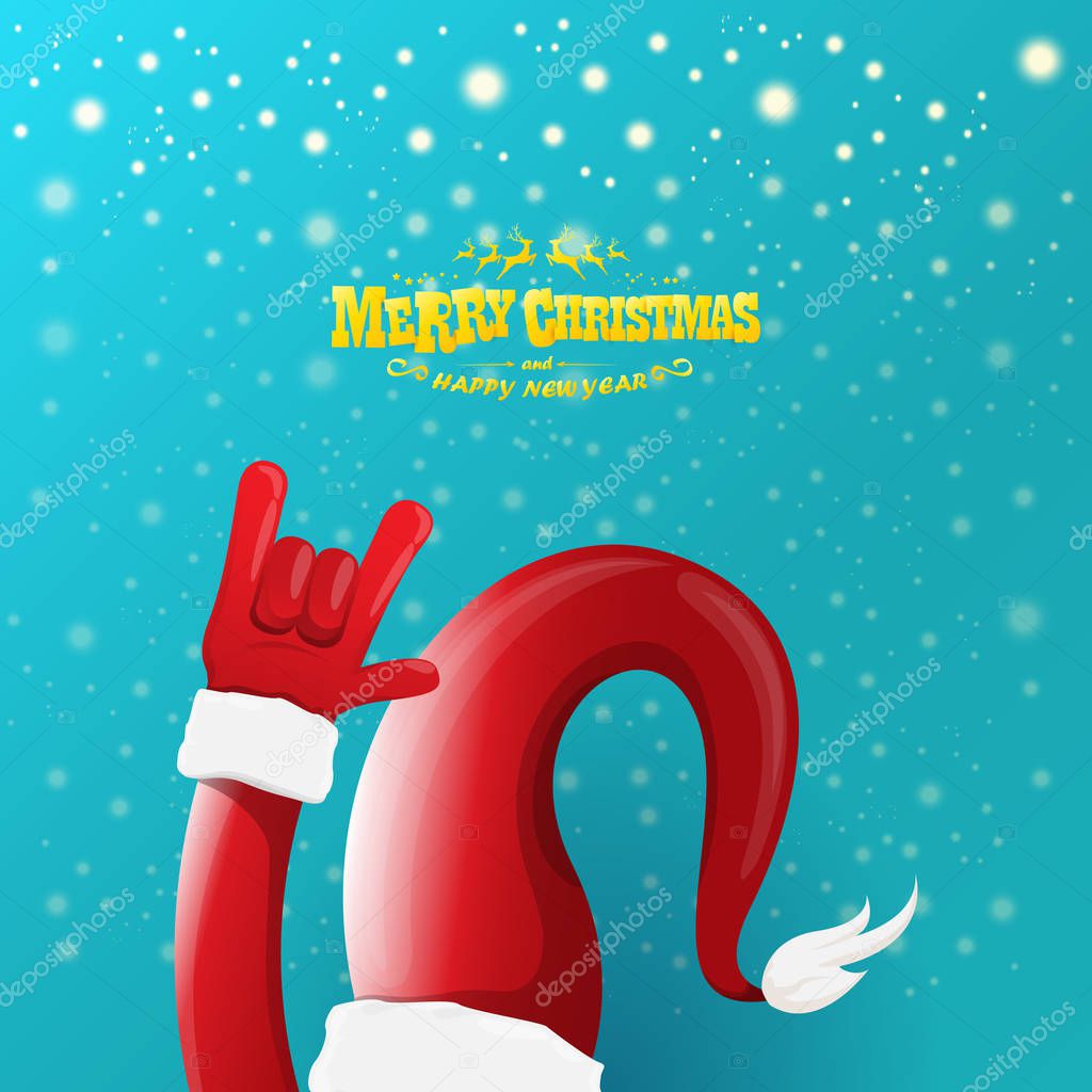 Vector cartoon rock n roll Santa character with gold calligraphic greeting text on azure background with snowflakes. Violet Merry Christmas Rock n roll party poster design or greeting card.