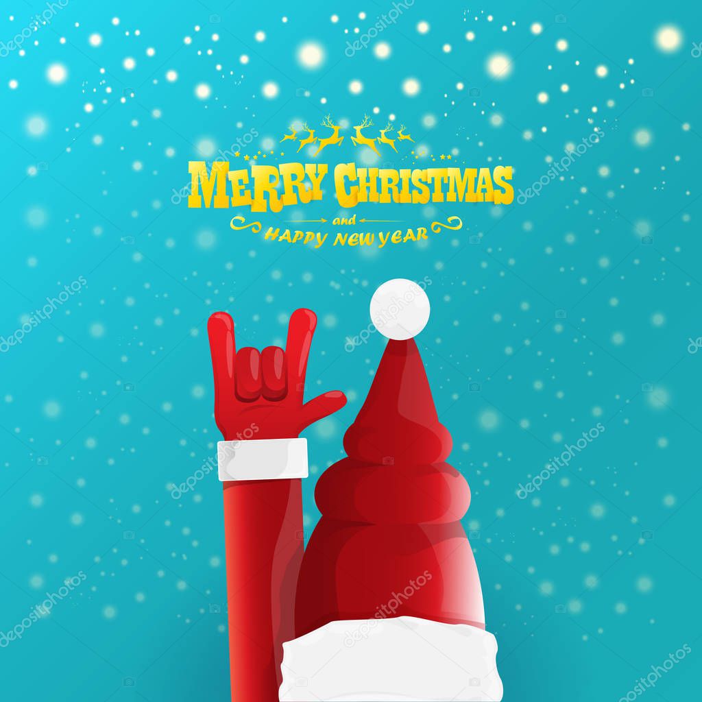 Vector cartoon rock n roll Santa character with gold calligraphic greeting text on azure background with snowflakes. Violet Merry Christmas Rock n roll party poster design or greeting card.