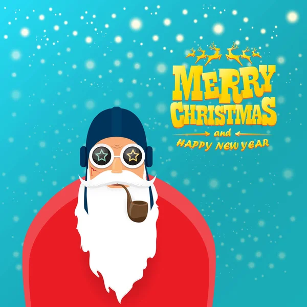 Vector rock n roll santa claus with smoking pipe, santa beard and funky santa hat. Christmas hipster poster for party or greeting card. vector bad santa xmas poster background — Stock Vector