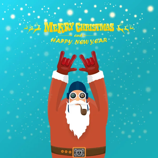 Vector rock n roll santa claus con pipa humeante, barba de santa y sombrero de santa funky. Cartel hipster navideño para fiesta o tarjeta de felicitación. vector malo santa xmas cartel fondo — Vector de stock