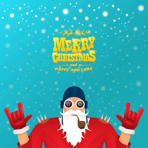 Vector rock n roll santa claus con pipa humeante, barba de santa y sombrero de santa funky. Cartel hipster navideño para fiesta o tarjeta de felicitación. vector malo santa xmas cartel fondo — Vector de stock