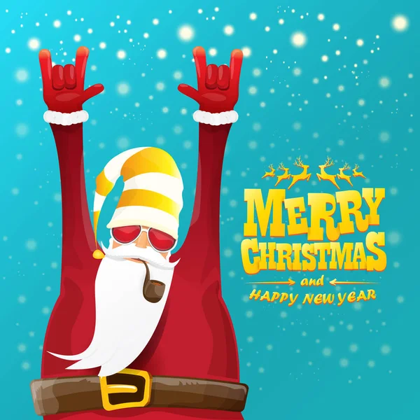 Векторный рок-н-ролл Санта-Клаус с дымящейся трубкой, бородой Санты и фанковой шляпой Санты. Рождественский постер для вечеринки или поздравительная открытка. вектор плохой Санта Xmas плакат фон — стоковый вектор