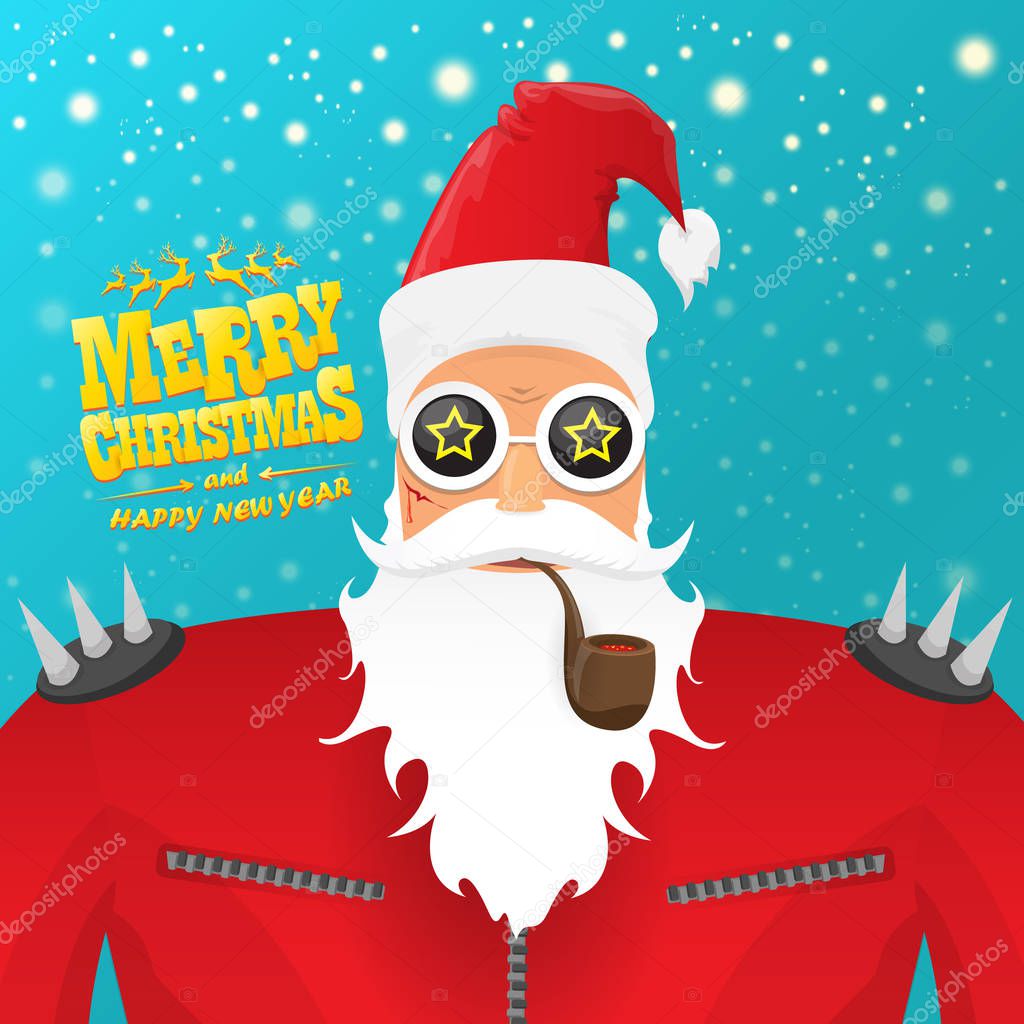 vector rock n roll santa claus with smoking pipe, santa beard and funky santa hat. Christmas hipster poster for party or greeting card. vector bad santa xmas poster background