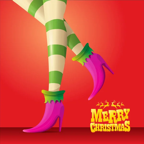 Vecteur joyeux Noël carte de vœux avec des jambes de filles elfe dessin animé et salutation texte calligraphique Joyeux Noël isolé sur orange. vecteur joyeux noël fond avec elfe fille — Image vectorielle