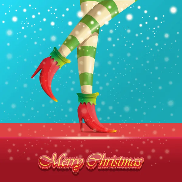 Vektor frohe Weihnachten Grußkarte mit Cartoon-Elf heiße Mädchenbeine, fallender Schnee, Lichter und Gruß kalligraphischen Text frohe Weihnachten. Weihnachtsmädchen — Stockvektor