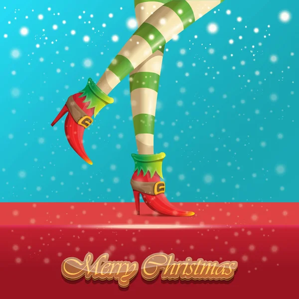 Vector merry christmas greeting card with cartoon elf hot girls legs, falling snow, lights and greeting calligraphic text Merry christmas. Christmas girl — Stock Vector