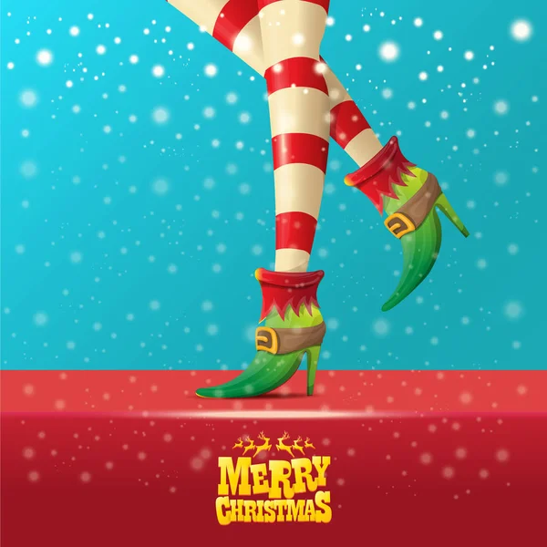 Vettore Buon Natale biglietto di auguri con cartone animato elfo gambe ragazze calde, neve che cade, luci e testo calligrafico saluto Buon Natale. Ragazza di Natale — Vettoriale Stock