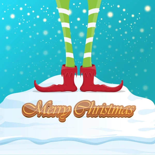 Vetor engraçado feliz natal cartão de saudação com desenhos animados pernas elfos, sapatos de elfo e Natal meia despojado em queda de neve no céu. Vetor feliz natal crianças desenho animado fundo — Vetor de Stock