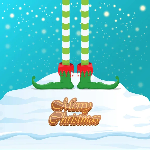 Vecteur drôle joyeux Noël carte de vœux avec des jambes d'elfes de dessin animé, chaussures d'elfe et Noël déshabillé bas sur la neige tombante dans le ciel. vecteur joyeux noël enfants fond de dessin animé — Image vectorielle