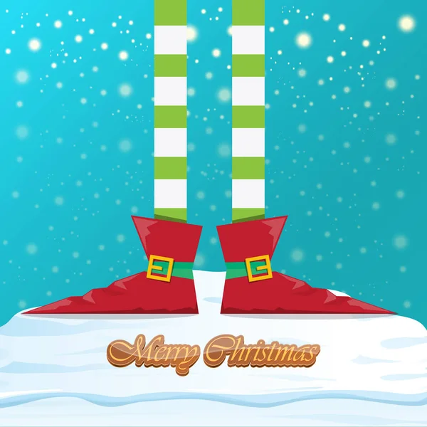 stock vector vector funny merry christmas greeting card with cartoon elfs legs, elf shoes and christmas stripped stocking on falling snow in sky. Vector merry christmas kids cartoon background