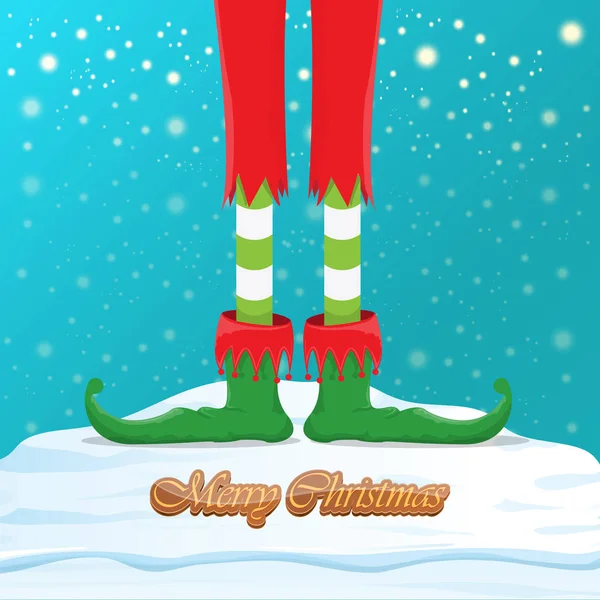 Vetor engraçado feliz natal cartão de saudação com desenhos animados pernas elfos, sapatos de elfo e Natal meia despojado em queda de neve no céu. Vetor feliz natal crianças desenho animado fundo — Vetor de Stock