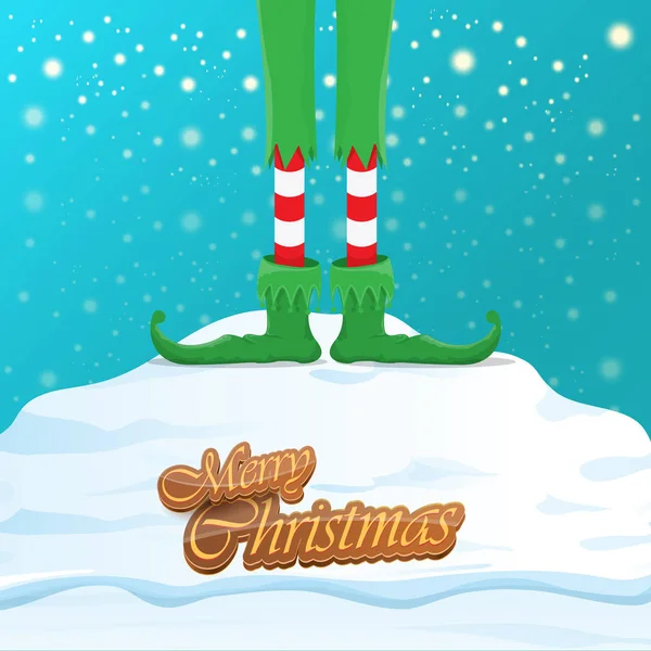 Vector funny merry christmas greeting card with cartoon elfs legs, elf shoes and christmas stripped stocking on falling snow in sky. Vector merry christmas kids cartoon background — Stock Vector
