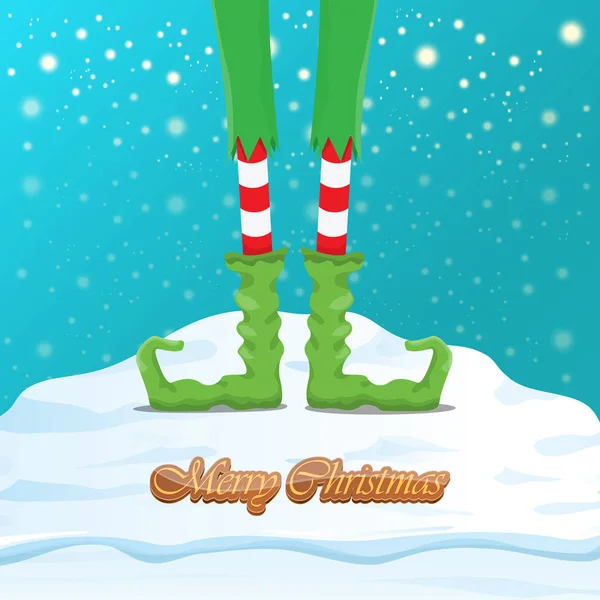 Vector divertido feliz tarjeta de felicitación de Navidad con las piernas de los elfos de dibujos animados, zapatos de elfo y la Navidad despojado media caída de nieve en el cielo. Vector feliz Navidad niños dibujos animados fondo — Archivo Imágenes Vectoriales