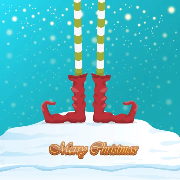 Vettore divertente Buon Natale biglietto di auguri con le gambe degli elfi dei cartoni animati, scarpe elfo e Natale spogliato calza sulla neve caduta nel cielo. Vettore Buon Natale bambini cartoni animati sfondo — Vettoriale Stock